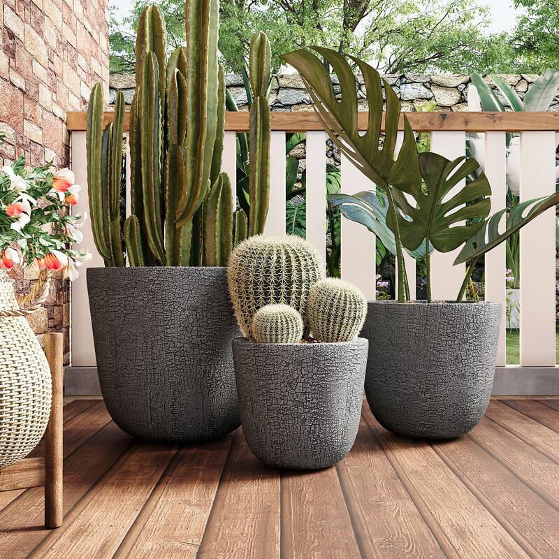 Lightweight Planter Set of 3,16.93"+13.78"+11.02"Dia Round Concrete Stackable Flower Pots with Drainage Holes and Rubber Plug - Gray