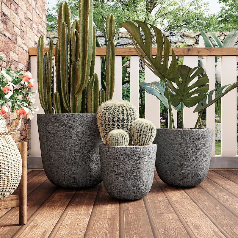 Roomfitters Lightweight MGO Planter Set of 3, Round Weather Resistant Outdoor Indoor Flower Pots for Garden Patio - Grey