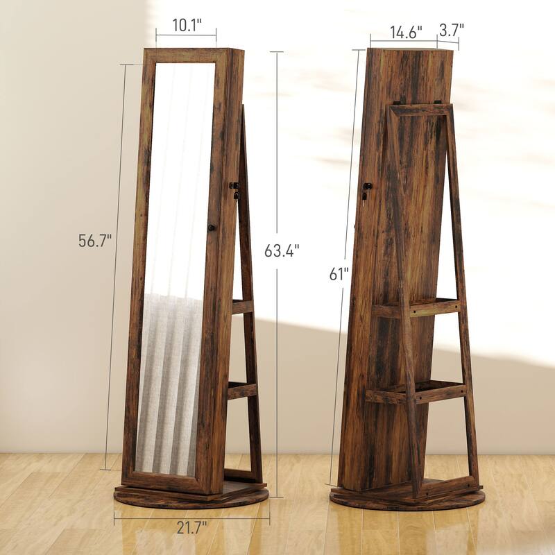 Full-Length Mirror Jewelry Cabinet Rotating Base With Storage - 21.7" W x 21.7" D x 63.4" H