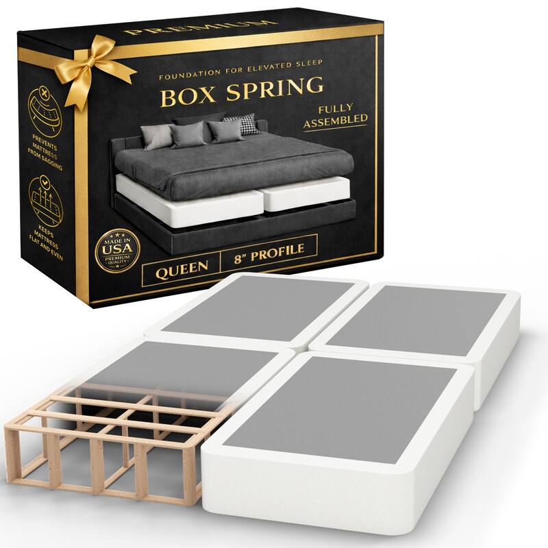 Onetan 8-Inch & 4-Inch Wooden Box Spring/Foundation Ideal for Mattress, No Assembly Needed, White. - Queen - Split Regular Profile