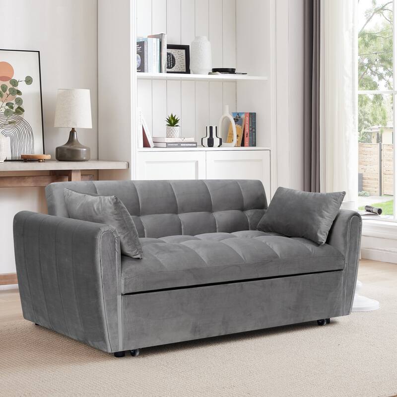 65" 3-in-1 Foldable Large Size Velvet Sofa Bed with Adjustable Back, Storage Bag and Pillow, Dark Gray