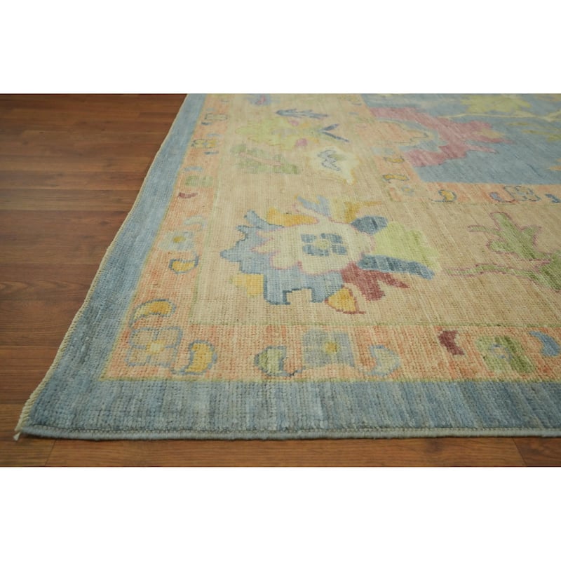 Floral Blue Wool Oushak Vegetable Dye Area Rug, Floral Geometric Carpet - 12' 4'' X 9' 4''