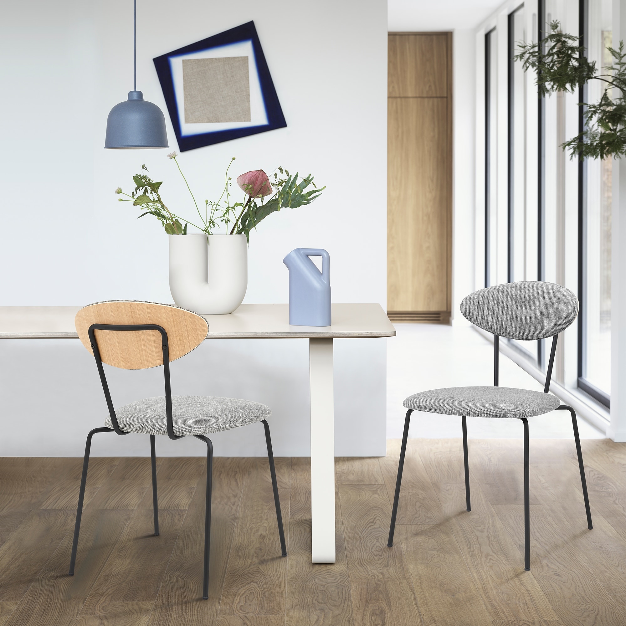 Modern Gray Fabric and Black Metal Dining Room Chairs - Set of 2