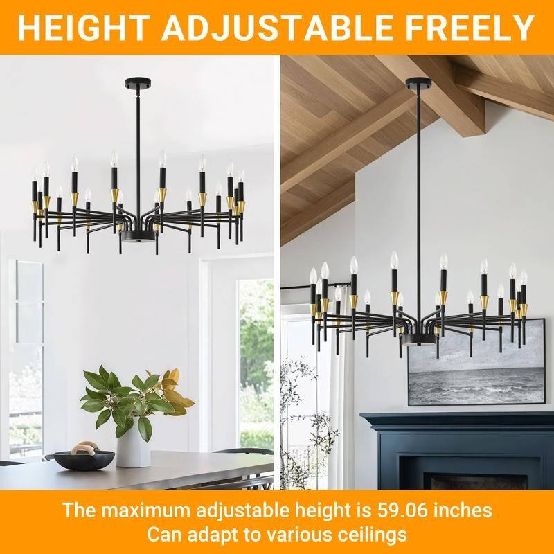 Black & Gold Modern Farmhouse Chandelier Rustic Ceiling Light Dimmable E12 Candle-Style Pendant Lighting Fixture