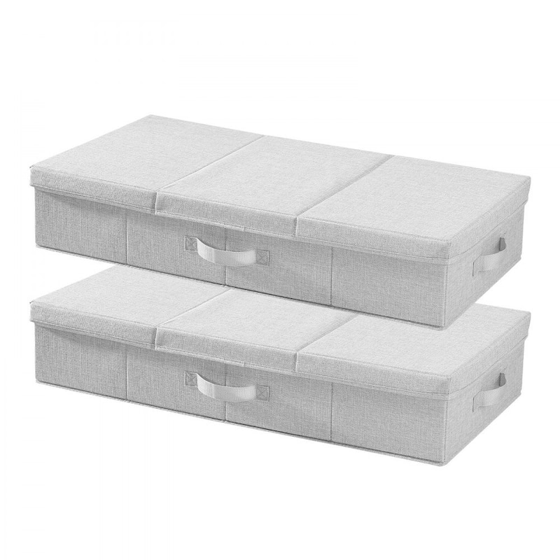 Set of 2 Grey Linen Under Bed Storage Bags Foldable Clothes Organizer with Reinforced Handles - 31.7 x 15.9 x 6.1 inch