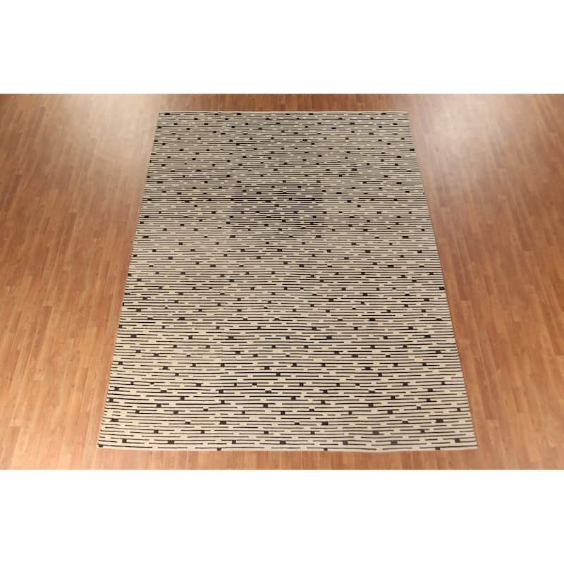 Striped Beige Nepalese Indian Area Rug Hand-Knotted Wool Carpet - 9'0" x 11'8"