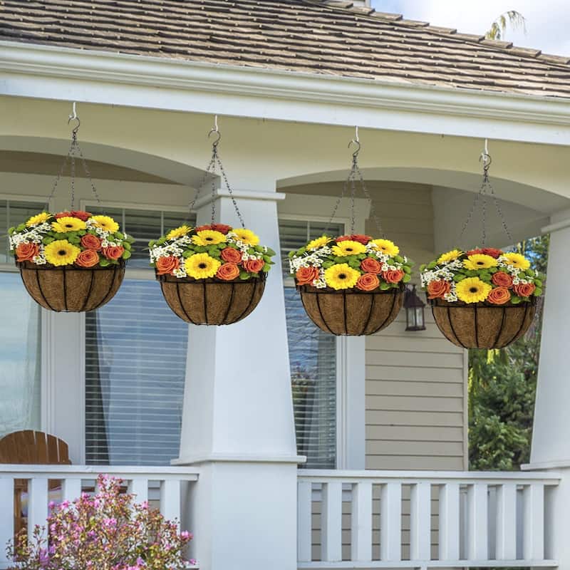 4 Pack Metal Hanging Planter Basket Huge 14 Inch Hanging Flower Pot Basket & Coco Coir Liner for Indoor/Outdoor Garden