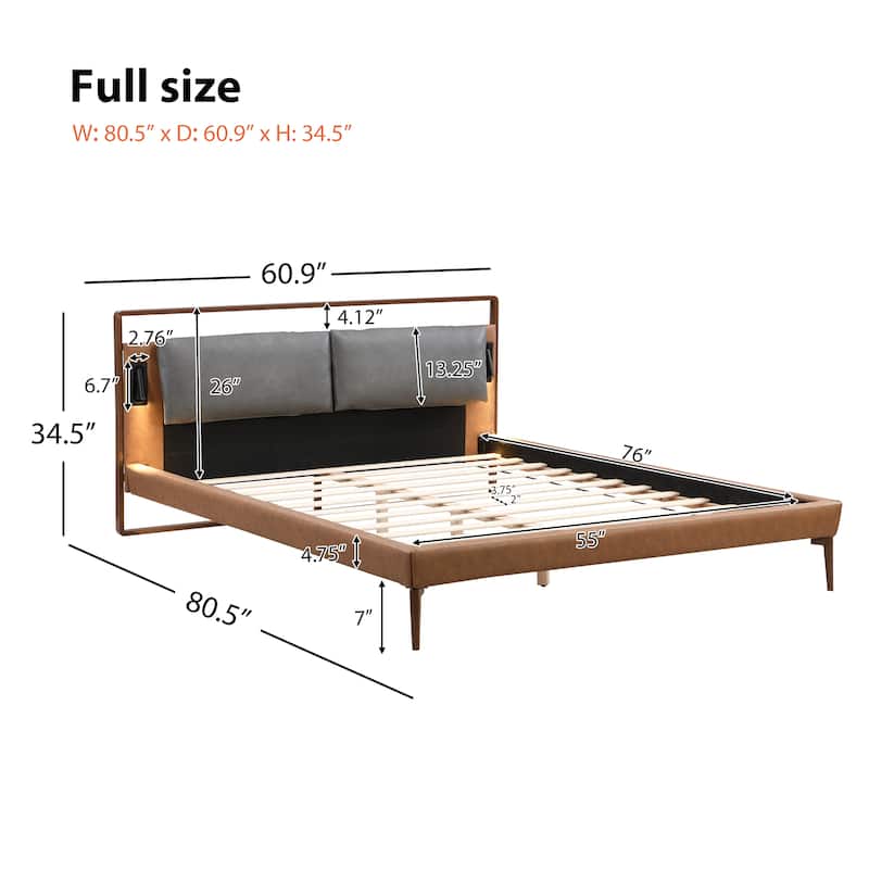 Leather Bed with 2pcs Night Lights - Brown+Grey