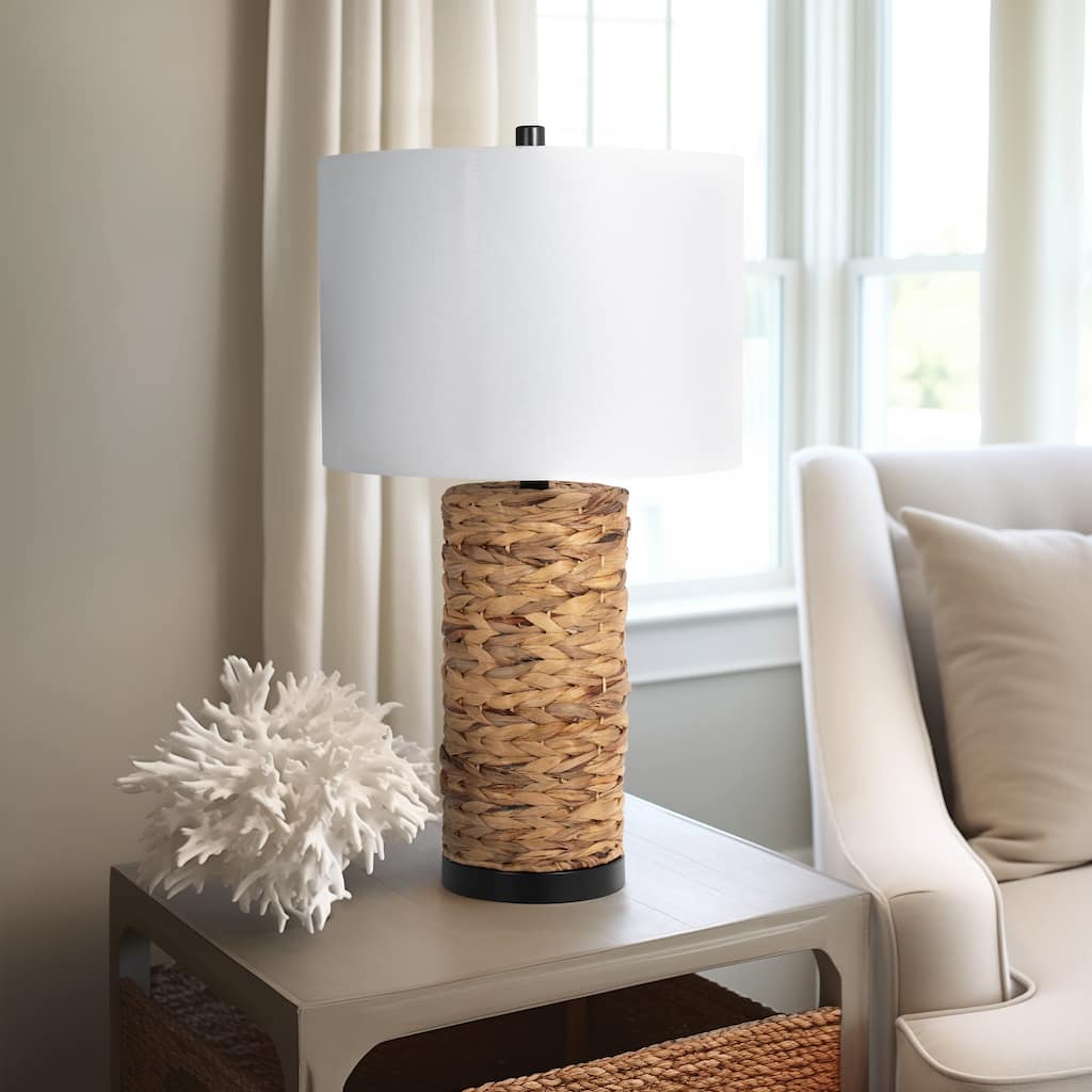 Sagebrook Home Coastal Neutral Seagrass 26" Pillar Table Lamp, Natural Linen Shade, Metal Accents - 14" x 14" x 26"