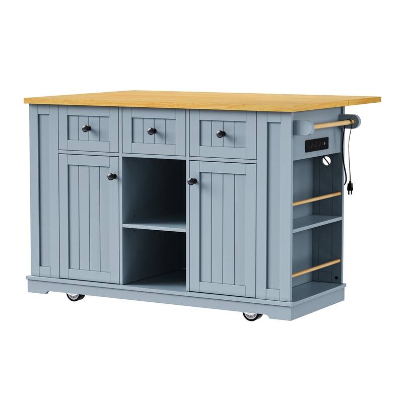 MDF Kitchen Island with 2 Bar Stools, Power Outlet,Door Internal Storage Rack and 5 Open Side Racks, 3 Drawers