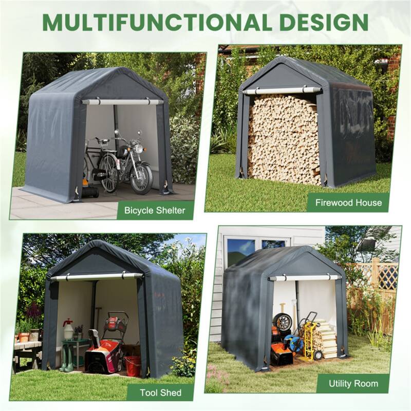 Grey Galvanized Metal Outdoor Storage Shed with PE Cover and Roll-Up Door - 78” W x 72” D x 84” H
