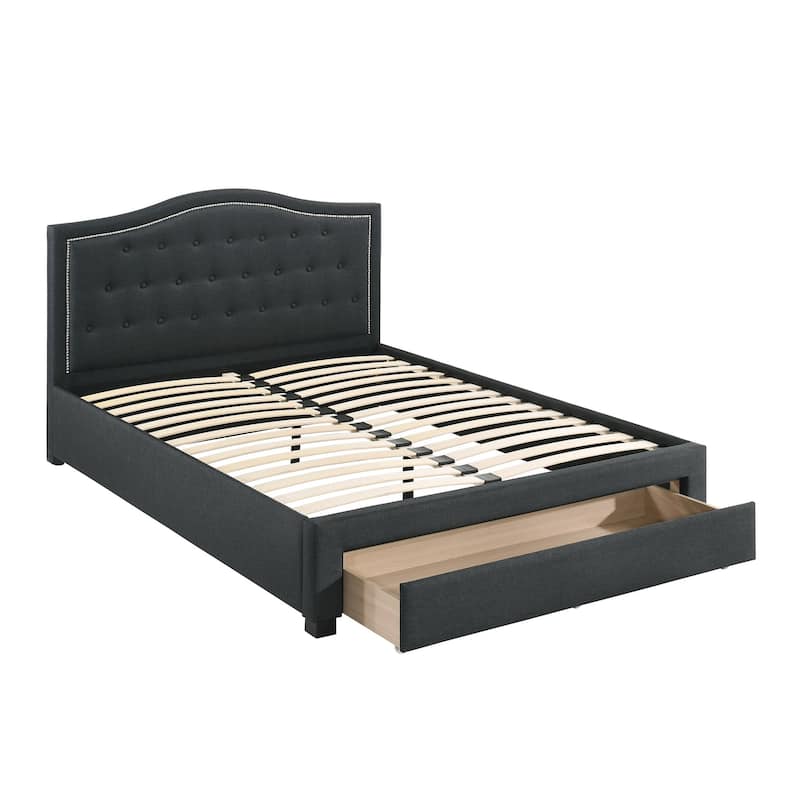 Charcoal Burlap Fabric 1pcs Queen Size Bed w Drawer Button Tufted Arch Design Headboard Storage FB Bedframe Bedroom Furniture