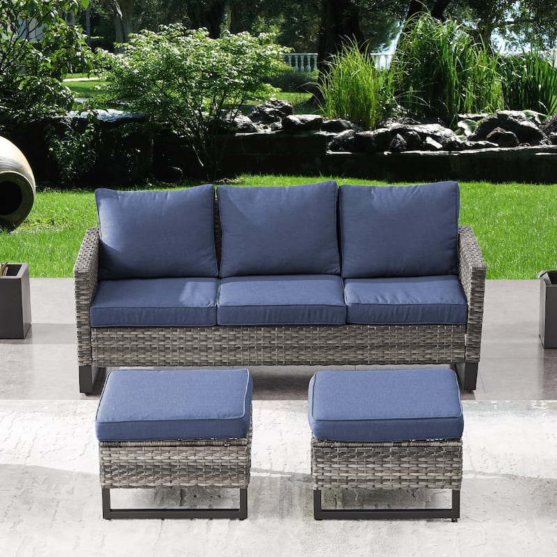 Pocassy Outdoor 3-Seat Sofa Ottomans Set of 3 - Grey - Blue
