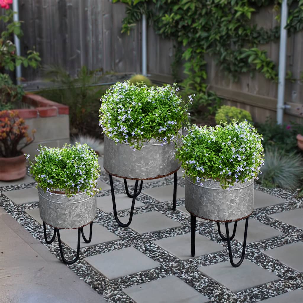 Galvanized Sheet Planter Tubs, Iron Powder Coated Hairpin Legs, Set of 3, Gray, Black - 8' x 10'