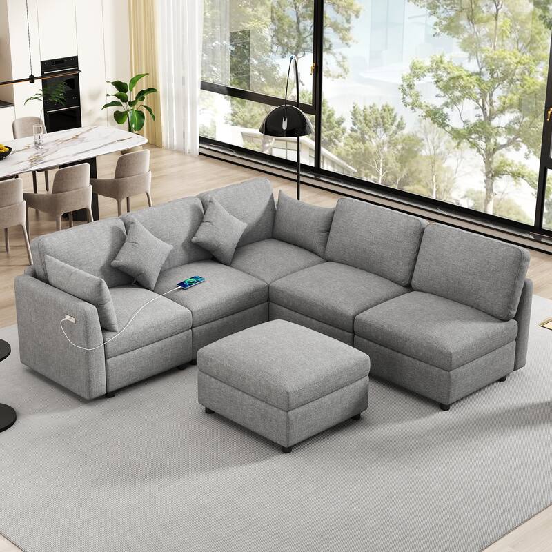 85.4" Modular U/L-shaped Sofa Bed with Ottoman & Two USB Ports, Light Grey Chenille