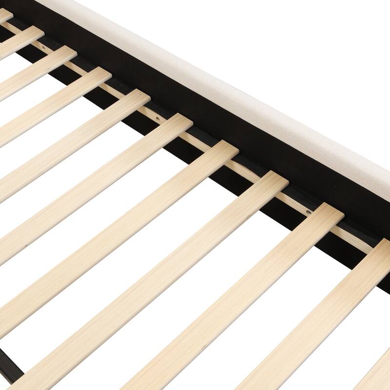 Beige Linen Upholstered Bed Curved Headboard Wingback Frame Low Profile Platform Bed