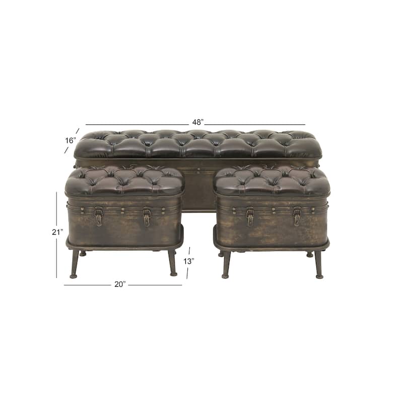Metal Weathered Storage Bench with Dark Brown Tufted Faux Leather - Set of 3 Bronze - Roche River Decor - 16"W x 48"L x 21"H