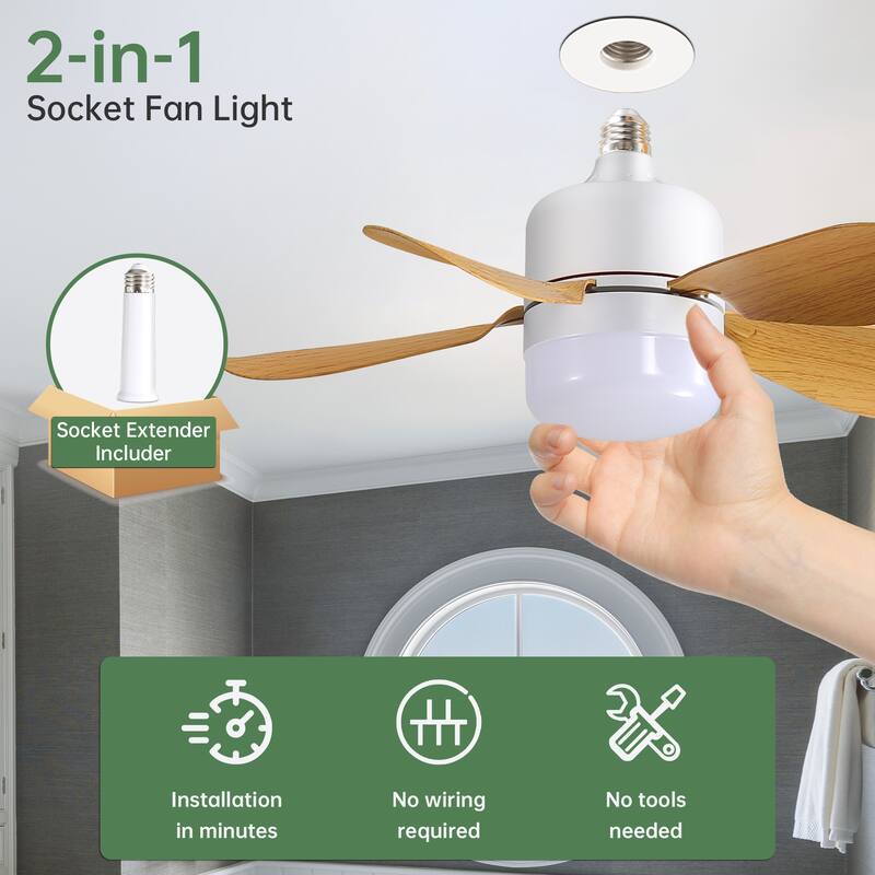 16 Inch Socket Ceiling Fans, 2 in 1 Small LED Ceiling Fan Lights with Remote Control
