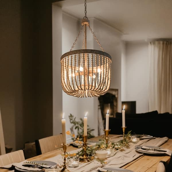 slide 2 of 7, Boho Wood Beads 4-light Chandelier Empire Weathered Coastal Ceiling Light for Dining Room - D15.5"*H87"