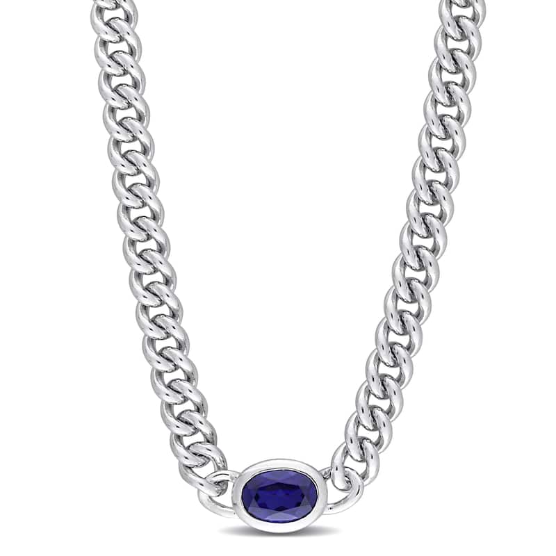 Miadora 1 1/4ct TGW Oval Created Blue Sapphire Curb Link Necklace Sterling Silver