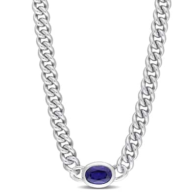 Miadora 1 1/4ct TGW Oval Created Blue Sapphire Curb Link Necklace Sterling Silver