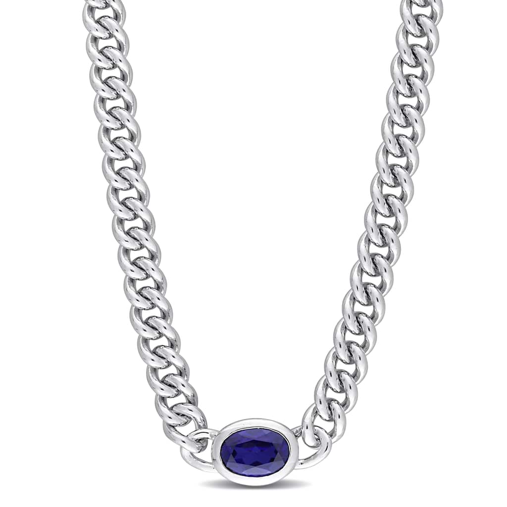 Miadora 1 1/4ct TGW Oval Created Blue Sapphire Curb Link Necklace Sterling Silver