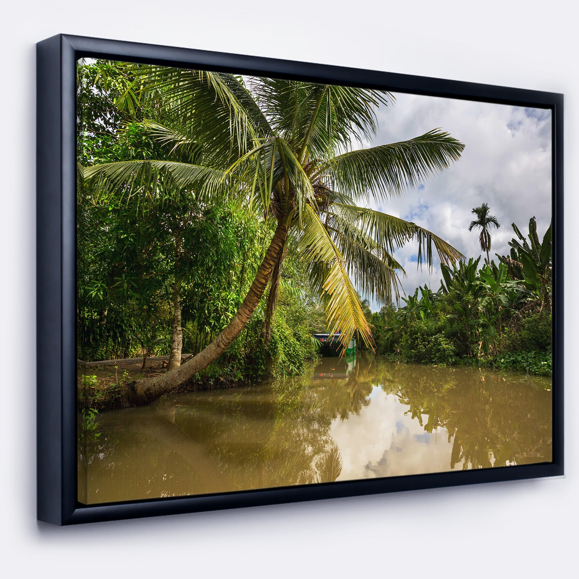 Designart Tropical River With Bent Coconut Palm Oversized Landscape Framed Canvas Art Overstock 18959101