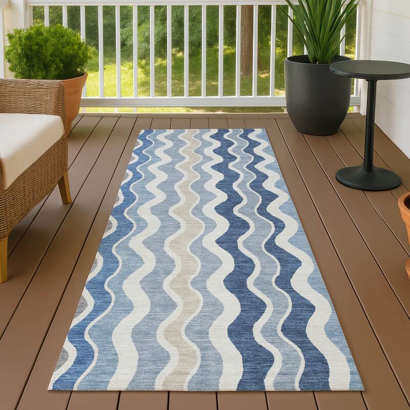Machine Washable Indoor/ Outdoor Funky Stripe Chantille Rug - Blue - 2'3" x 7'6"