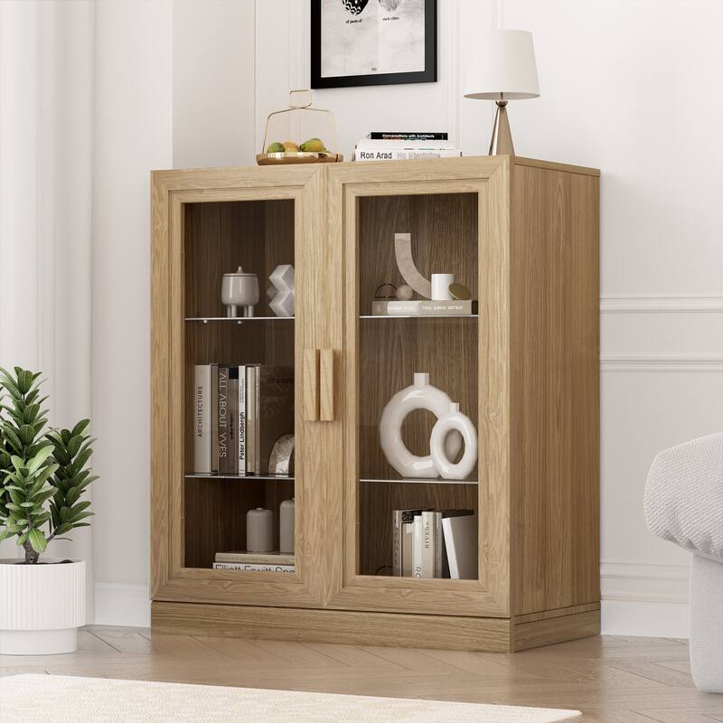Wood Bookshelf Storage Cabinet with 2 Glass Door and Adjustable Shelf for Kitchen Bedroom Entryway Living Room Dinning Room - 36" x 31" x 16" - Natural