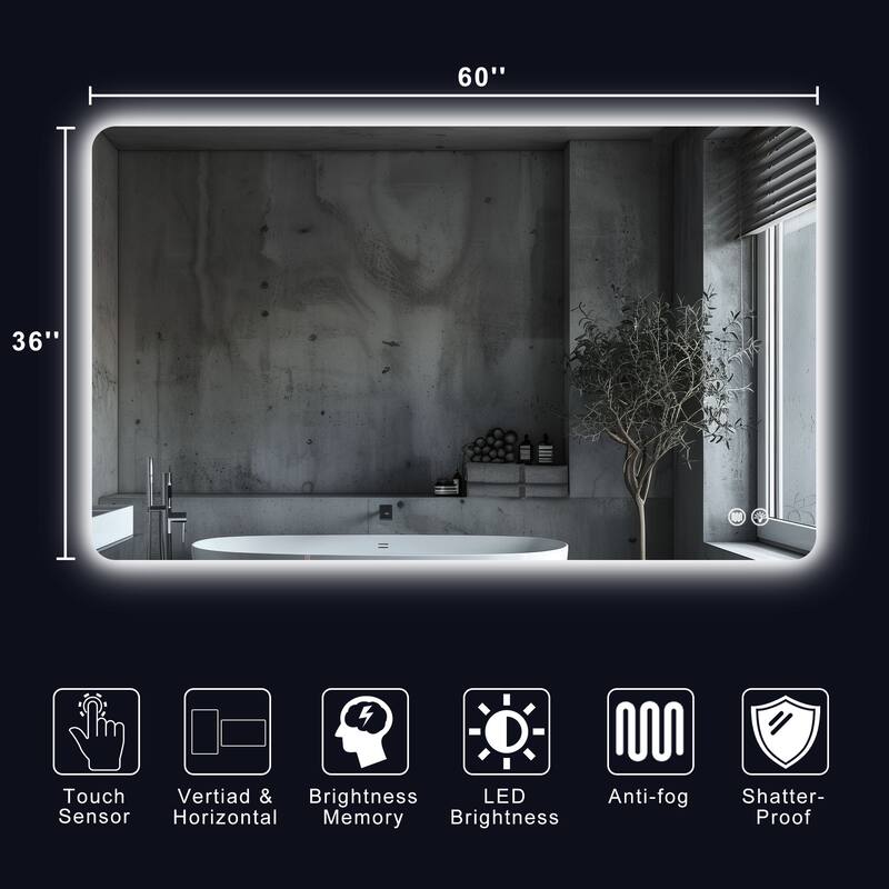 Square Rounded-Corner LED Anti-Fog Mirror, Suitable for a Variety of Styles