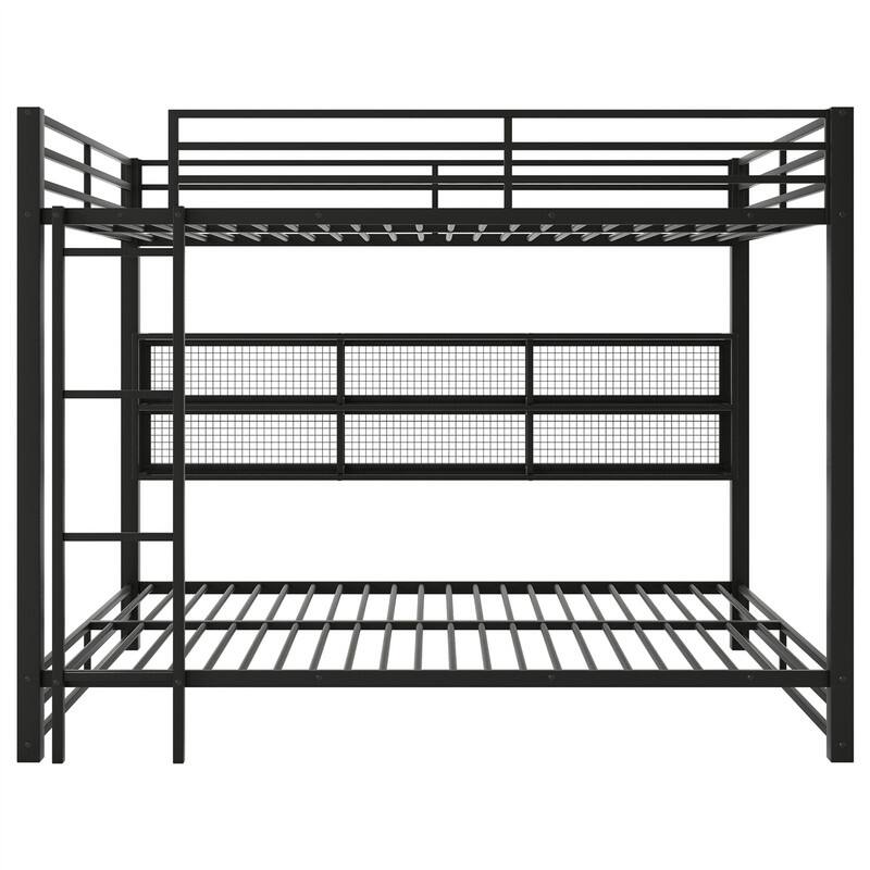 Queen Over Queen Size Bunk Bed with LED Light and Storage Cabinets, Metal Bunk Bed with Storage Shelves, Ladder and Guardrail