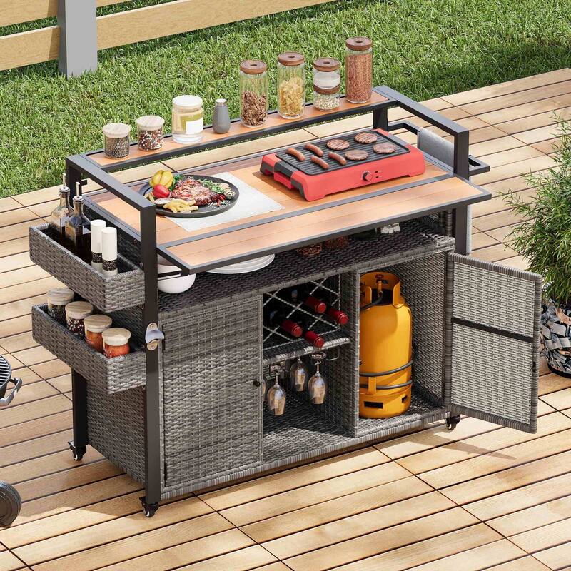 Wicker Outdoor Grill Cart with Drop Leaf Tabletop and Storage Cabinet