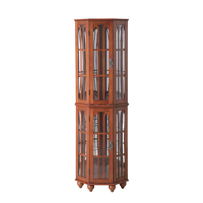 Lighted Corner Curio Cabinet, Wooden Accent Storage Cabinet, Display Cabinet with Tempered Glass Shelves & Mirrored Back