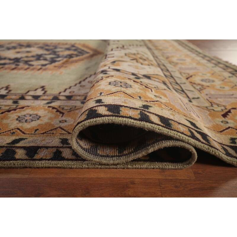Light Green Geometric Viss Large Indian Rug Hand-Knotted Wool Carpet - 11'10"x 17'11"