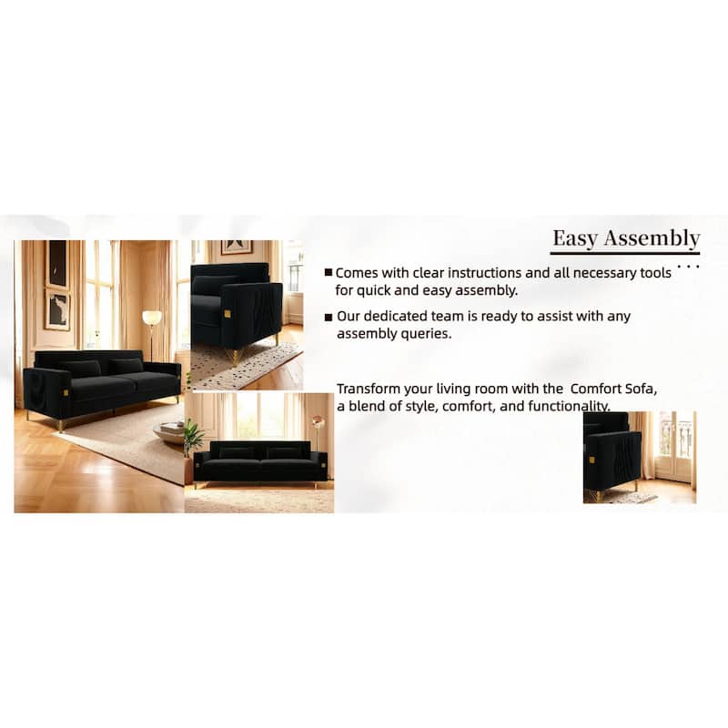 Roomfitters Mid-Century Modern Upholstered Sofa with Gold Metal Legs and Square Arms, Elegant Couch for Living Room