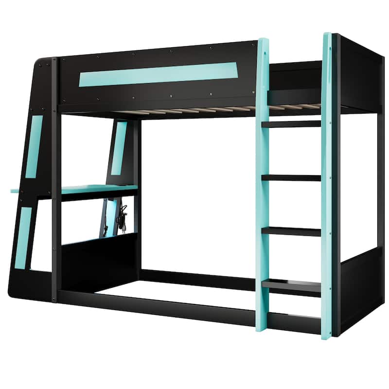 Full or Twin Gaming Bunk Bed Gaming Loft Bed with Built-In Gaming Station Cable Management for Gamer Gaming Hotel Gaming Suite