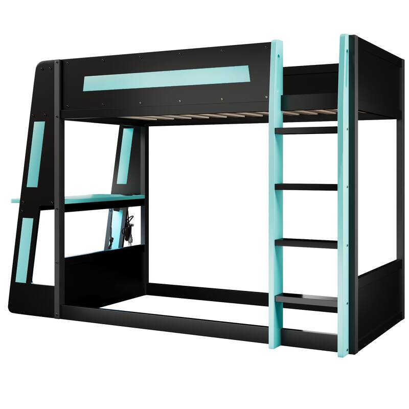 Roomfitters Twin/Full Over Twin Wooden Gaming Bunk Bed with Desk and LED Lights