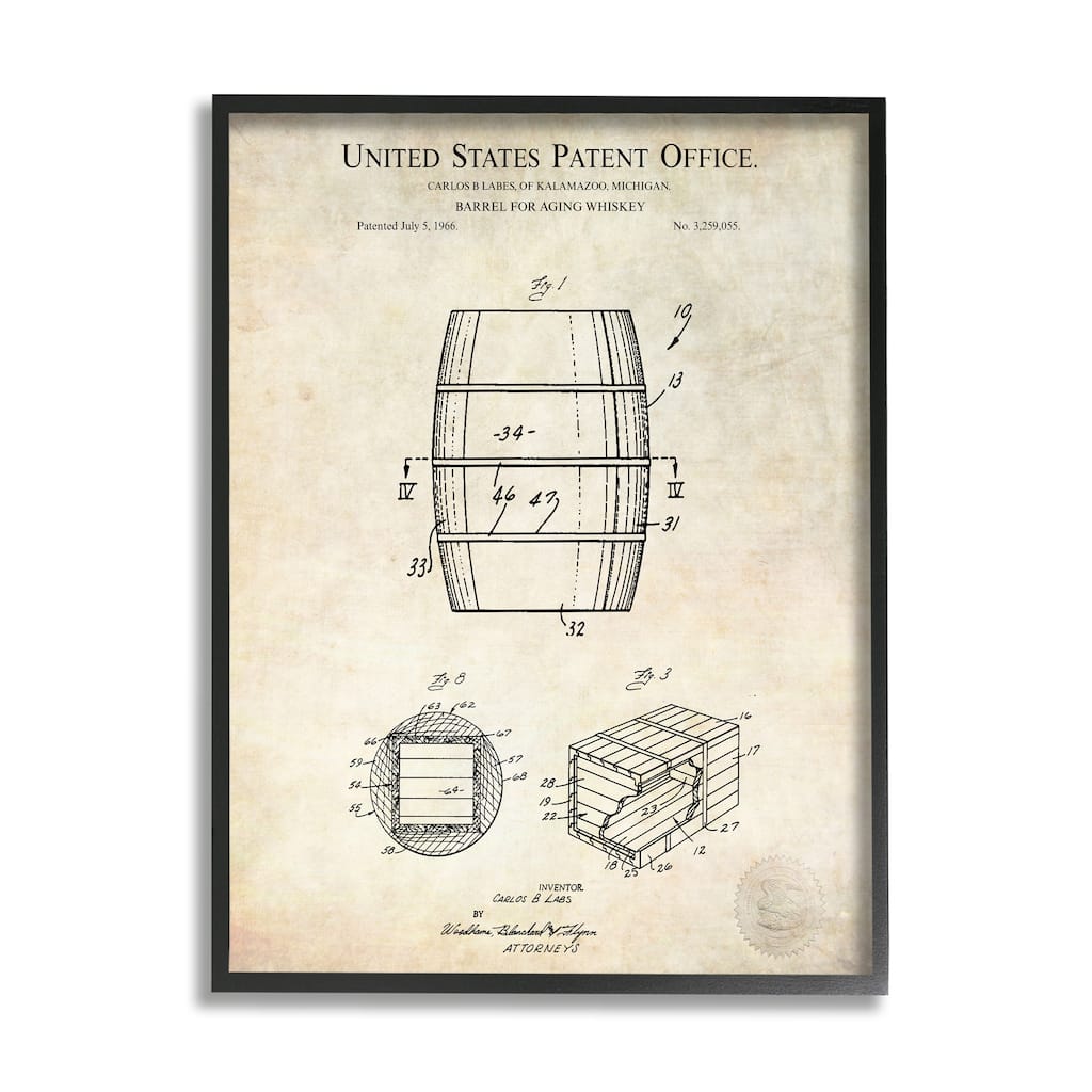 Stupell Whiskey Aging Barrel Liquor Diagram Patent Design Framed Wall Art - Beige