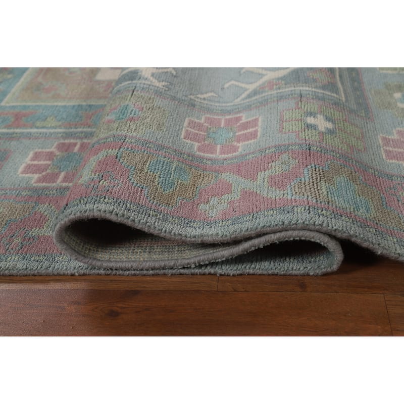 Blues Pink Geometric Oushak Indian Area Rug Handmade Wool Carpet - 8'0" x 10'0"