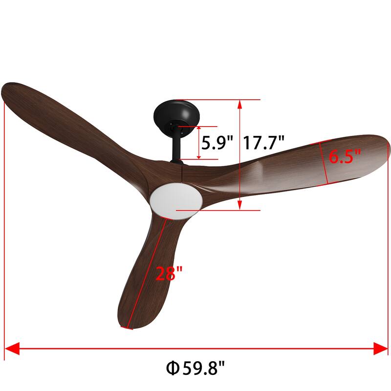 60" 3-Blades Wood Ceiling Fan with LED Light and Remote Control - N/A