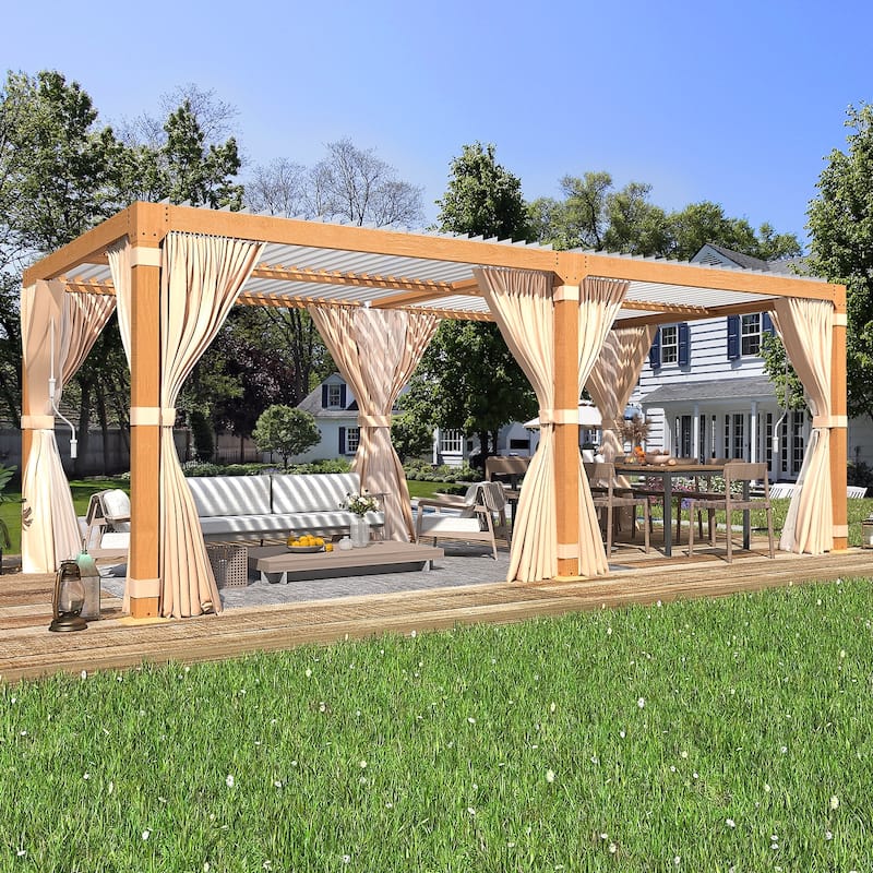 EROMMY Outdoor Louvered Pergola Gazebo with Adjustable Aluminum Rainproof Roof and Pull-Down Screen