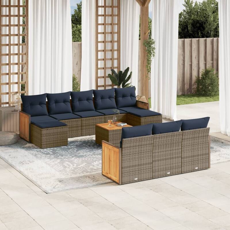 vidaXL 10/11 Piece Patio Sofa Set with Cushions Black/Gray Poly Rattan - 21.7 x 24.4 x 27.2 - Gray With table