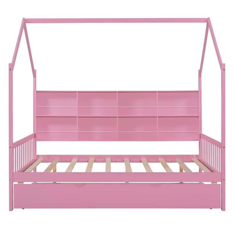 Pine Kids House Platform Bed with Trundle, Shelf, and Roof