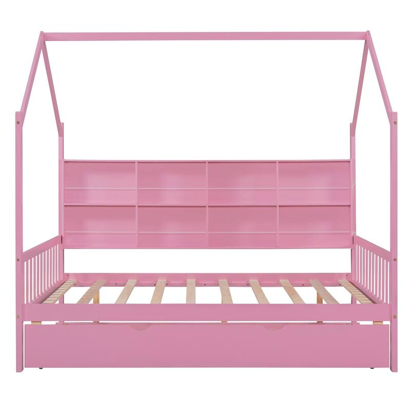 Pinewood Kids House Platform Bed with Trundle, Shelf, Roof