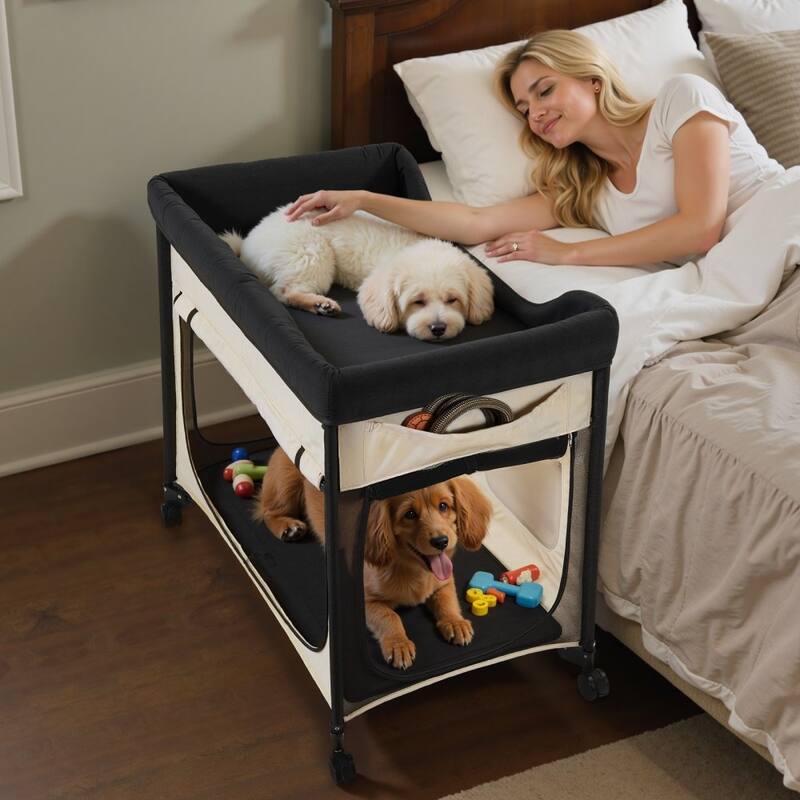 Beige Carbon Steel Dual-Level Pet Bed with Wheels and Foldable Design
