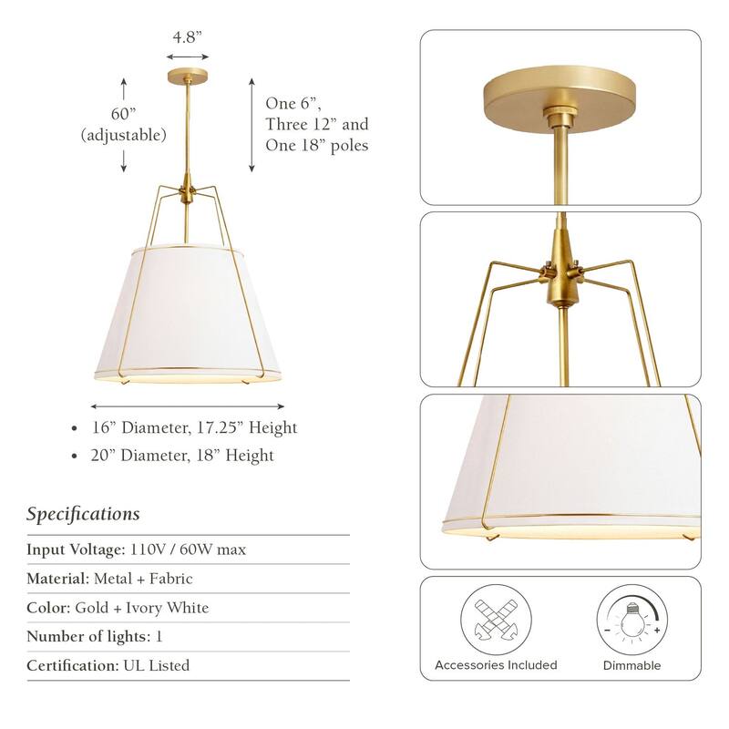 Arthur Modern Pendant Light - Metal, Fabric & Gold, Ivory White Cone Hanging Light For Mid-Century, Modern, Farmhouse Room Decor