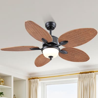 50 Inch Tropical Ceiling Fan with Llight Brown Palm Leaf Blades Glass Light Cover - 50 Inches