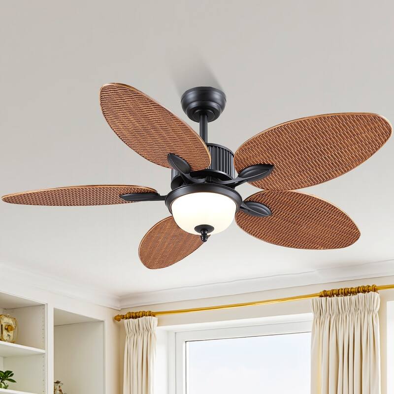 50 Inch Tropical Ceiling Fan with Palm Leaf Blades Glass Cover Remote Control Waterproof for Indoor and Outdoor Patio