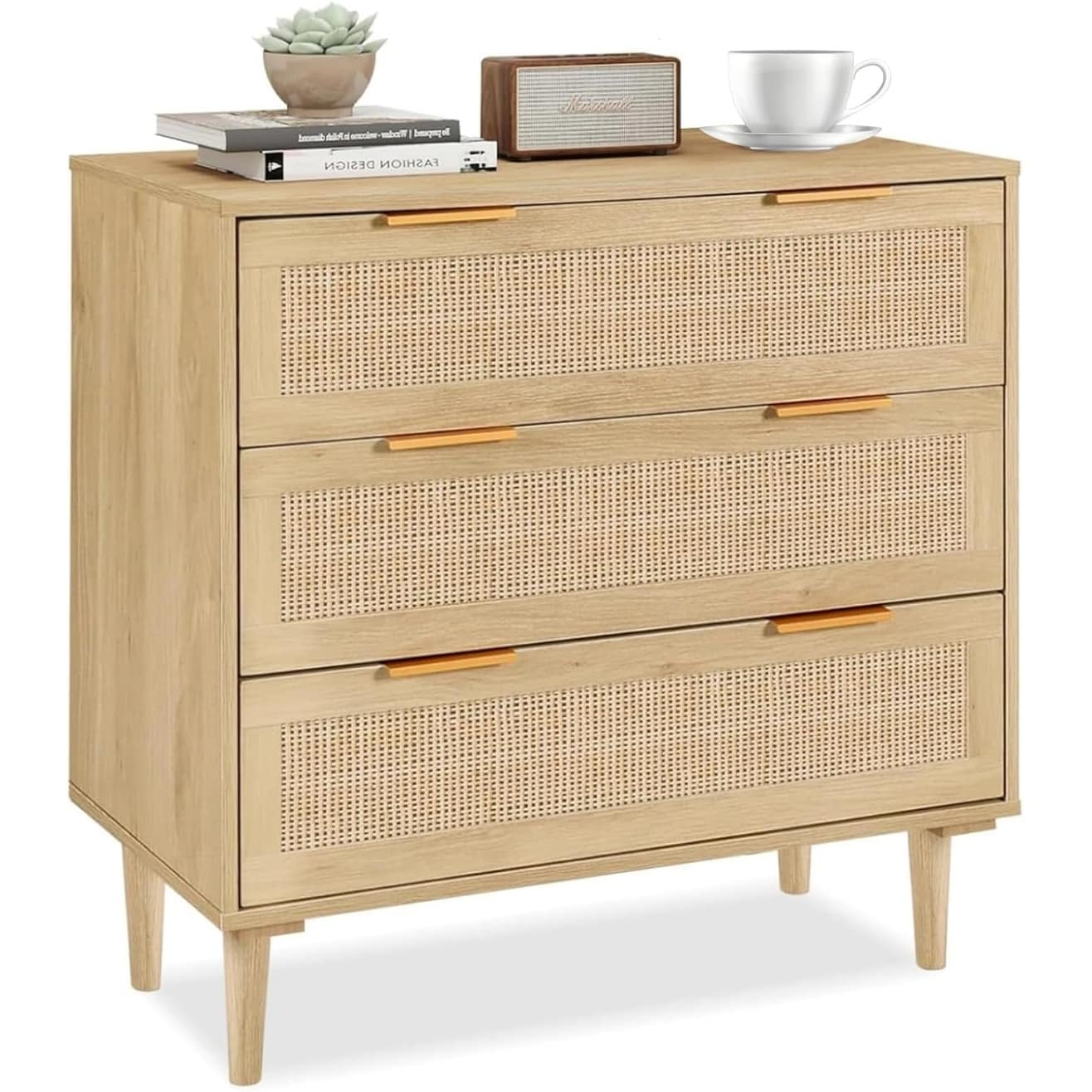 3-Drawer Boho Rattan Dresser with Wooden Frame for Bedroom, Nursery, or Living Room Storage