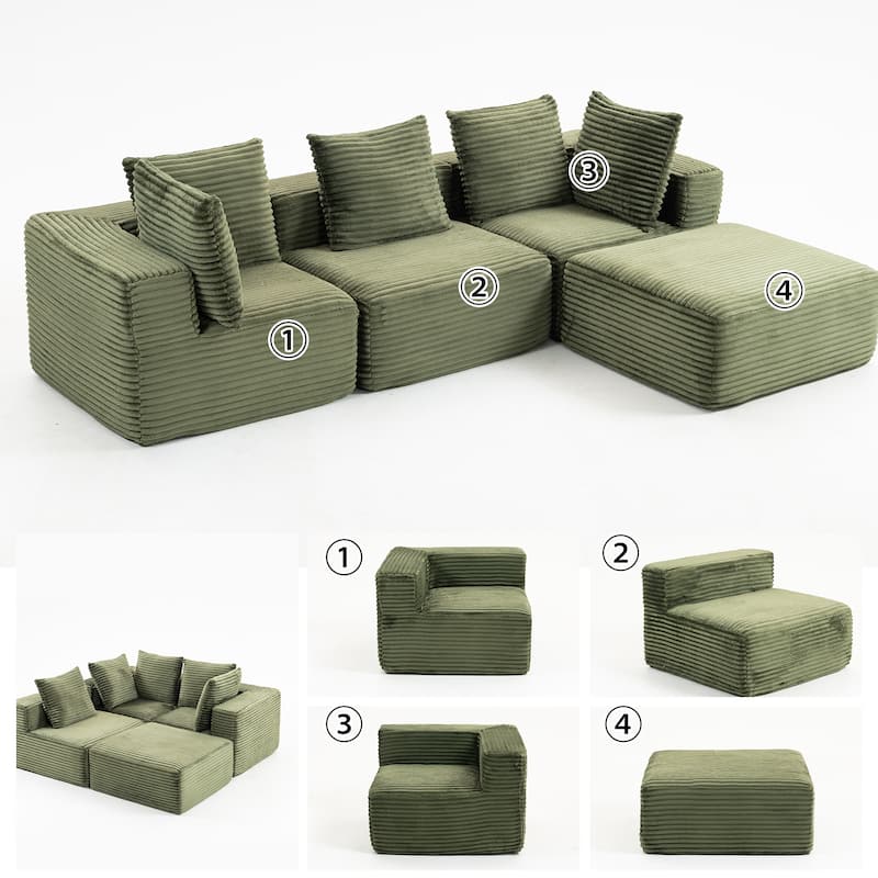 Floor Standing Deep Seat Sofa Corduroy Modular L-shaped Sectional Sofa with Chaise Lounge Compressed Sofa with Ottoman - Green